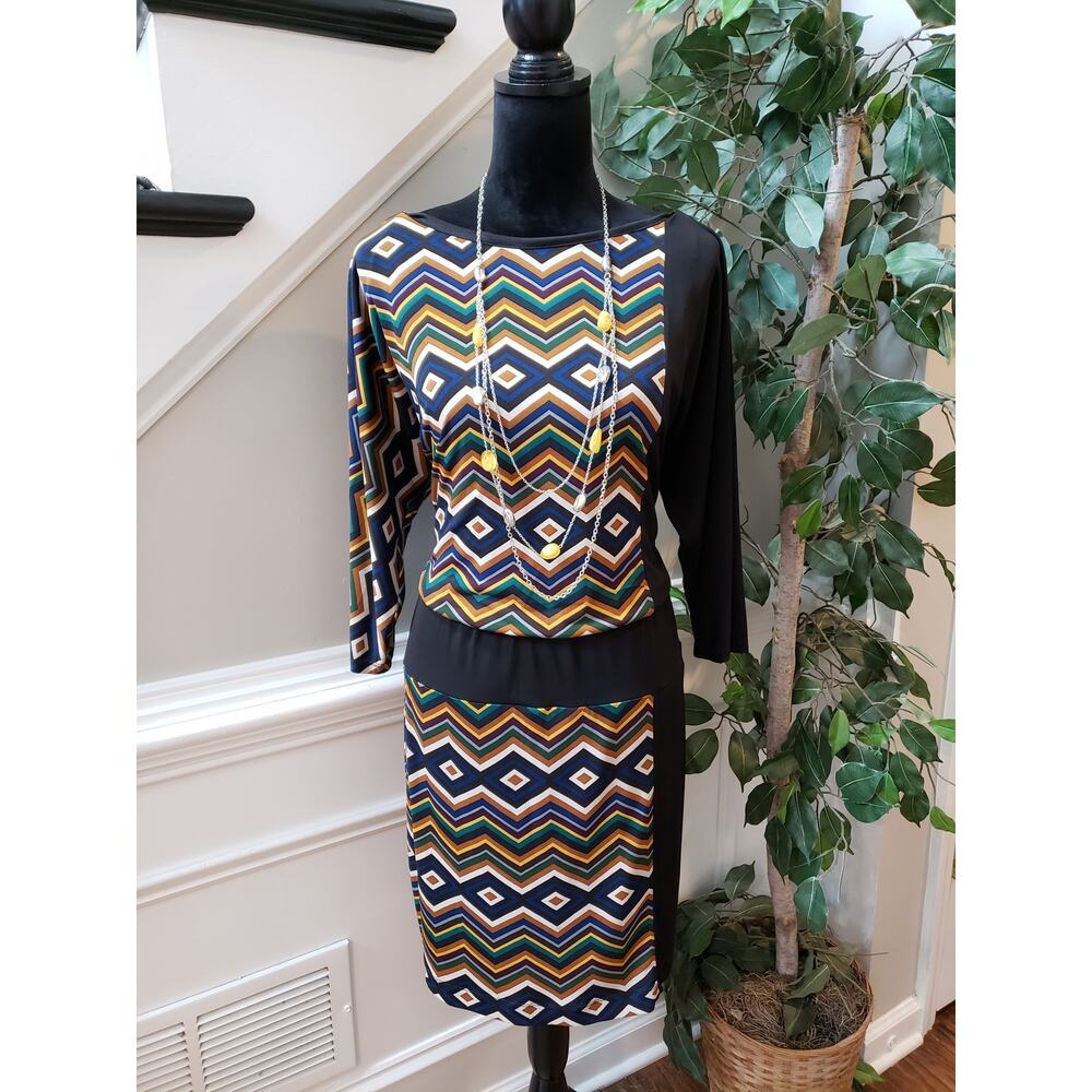 London Times Bodycon Dress Women's Size 12 Multi Geo Print Long Sleeve Boat Neck